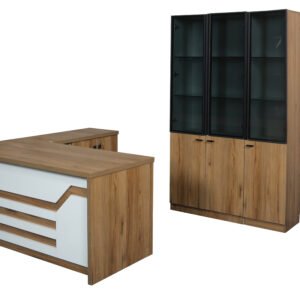 wooden office desk with storage unit